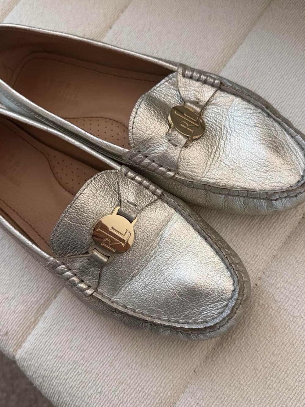 Lauren Ralph Lauren Metallic Silver Leather Loafers with Gold Logo Accent
